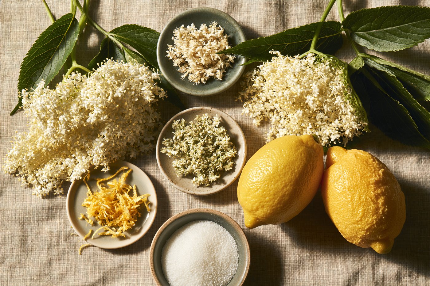 The dried botanicals laid out in small dishes