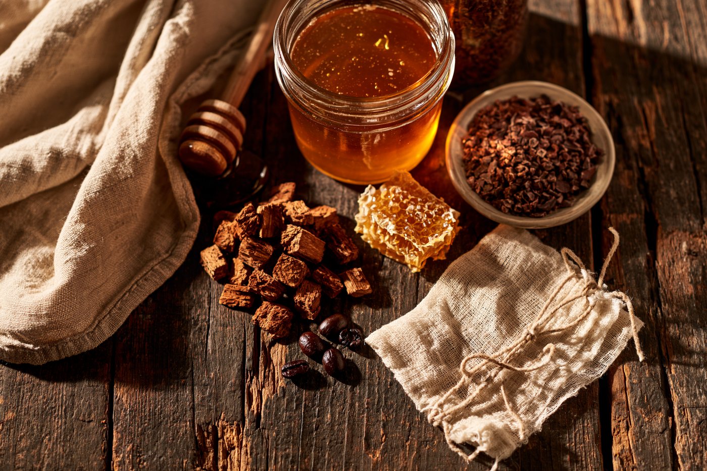 The dried botanicals laid out in small dishes