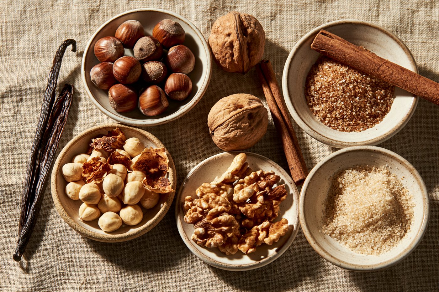 The dried botanicals laid out in small dishes