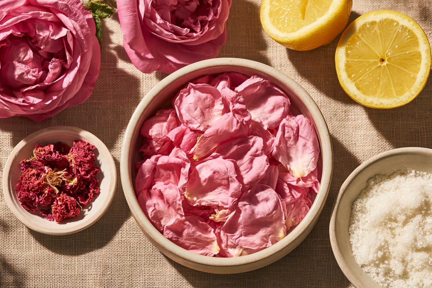 The dried botanicals laid out in small dishes