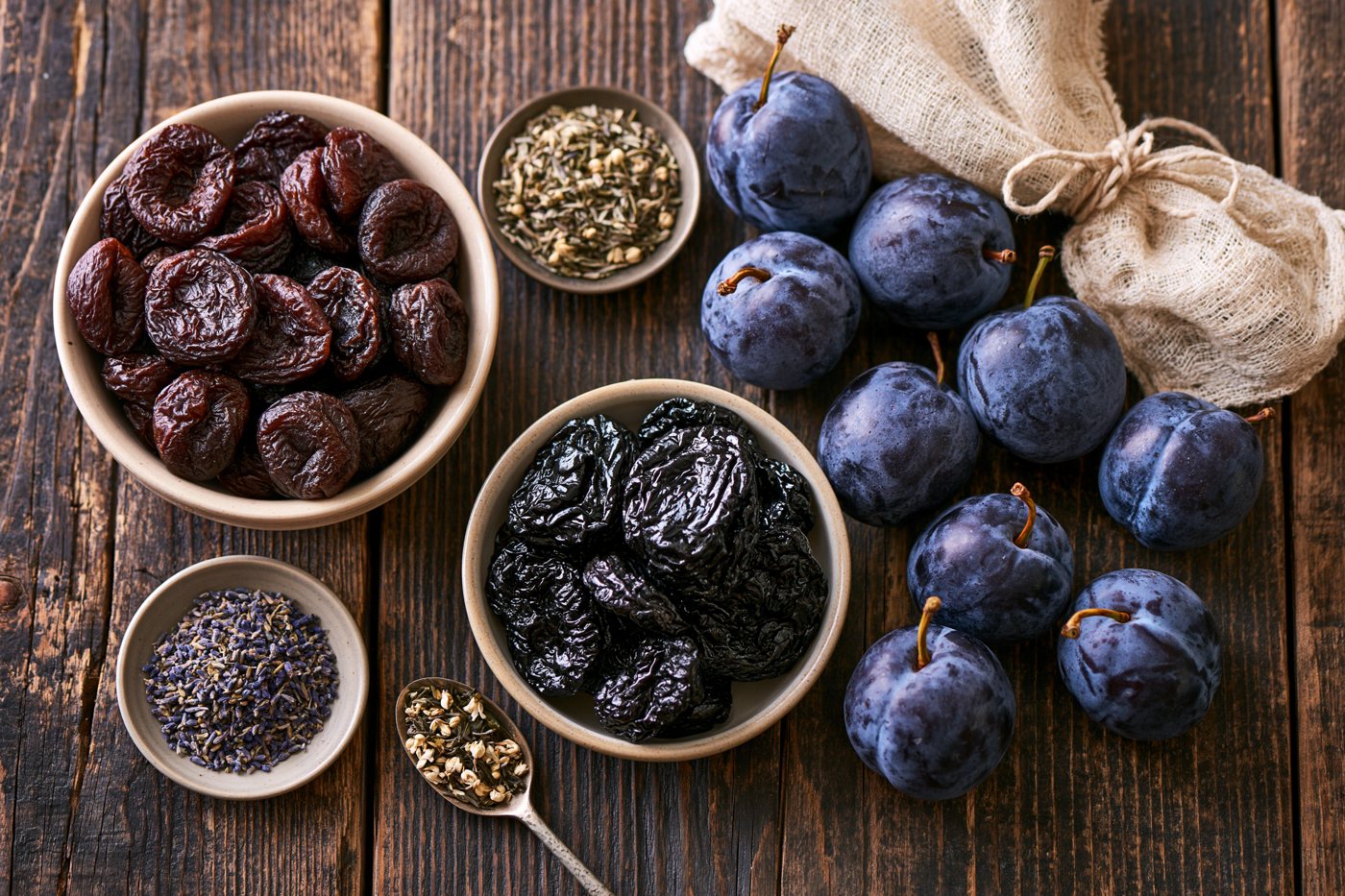 The dried botanicals laid out in small dishes